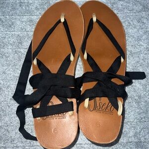 Sseko Black and Tan Wrap Wedge Sandals